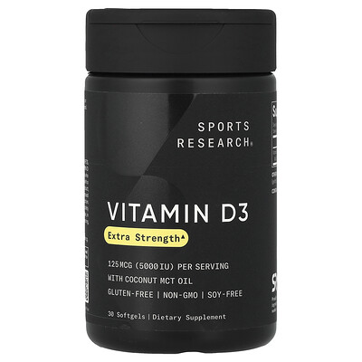 Sports Research, Vitamina D3, 125 mcg (5000 UI), 30 cápsulas blandas