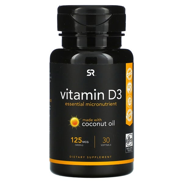 Vitamina D3 con aceite de coco, 125 mcg (5000 UI), 30 cápsulas blandas 