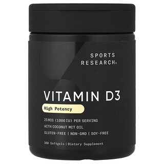 Sports Research, Vitamin D3, High Potency, hochwirksames Vitamin D3, 25 mcg (1.000 IU), 360 Weichkapseln