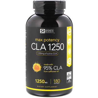 Sports Research CLA 1250, максимальная эффективность, 1250 мг, 180 мягких таблеток