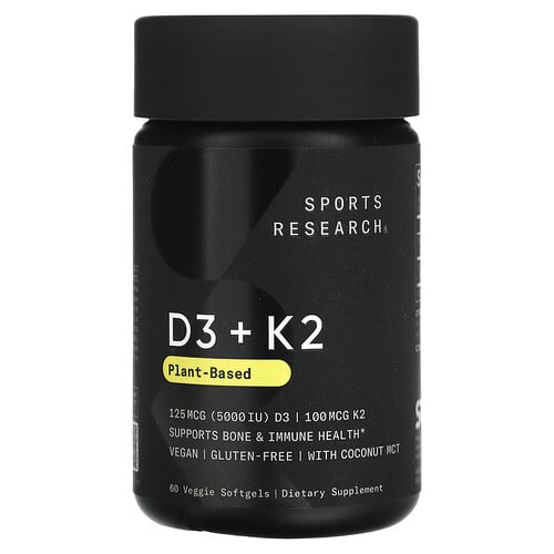 Sports Research D3 + K2, Plant-Based, 125 mcg/100 mcg, 60 Veggie Softgels