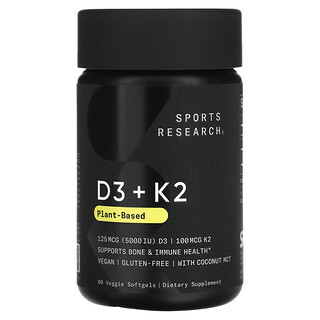 Sports Research, D3 + K2, biljnog podrijetla, 125 mcg/100 mcg, 60 vegetarijanskih mekih kapsula