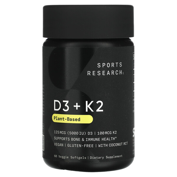 Sports Research D3 + K2, Plant-Based, 125 mcg/100 mcg, 60 Veggie Softgels