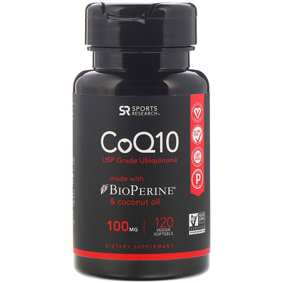 Sports Research Коэнзим Q10 с экстрактом BioPerine и кокосовым маслом, 100 мг, 120 растительных мягких таблеток
