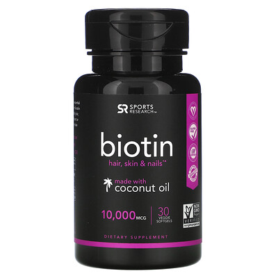 Sports Research биотин и кокосовое масло, 10 000 мкг, 30 растительных капсул