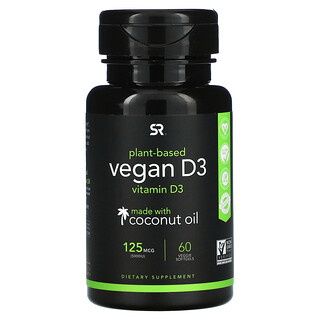 Sports Research, витамин D3 для веганов, 125 мкг (5000 МЕ), 60 вегетарианских мягких таблеток