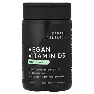 Sports Research, Vitamine D3 végane, 125 µg (5000 UI), 60 capsules végétariennes à enveloppe molle