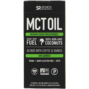 Отзывы о Спортс Ресерч, MCT Oil, Unflavored, 15 Packets, 7.5 fl oz (225 ml)