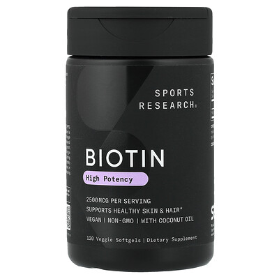 Sports Research, Biotina con aceite de coco, 2500 mcg, 120 cápsulas blandas vegetales