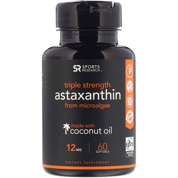 Sports Research, Astaxanthin, mit Kokosöl, hochwirksam, 12 mg, 60 Soft-Kapseln