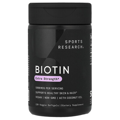 Sports Research, Biotina, 5000 mcg, 120 cápsulas blandas vegetales