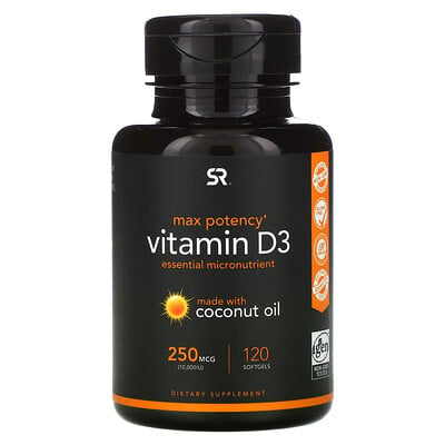 Sports Research Vitamin D3 with Coconut Oil, 250 mcg (10,000 IU), 120 Softgels