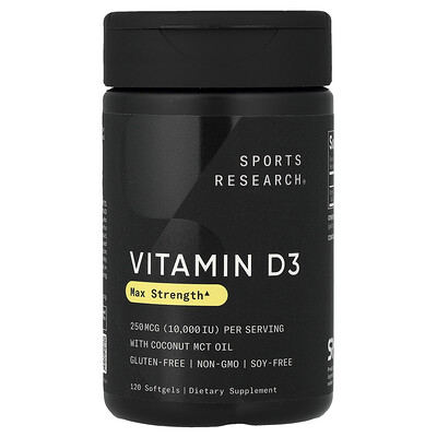 Sports Research, Vitamina D3, Concentración máxima, 250 mcg (10.000 UI), 120 cápsulas blandas