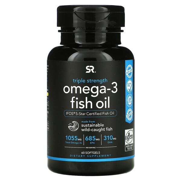 Sports Research, Aceite de pescado con omega-3, Triple concentración, 1250 mg, 60 cápsulas blandas
