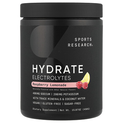 Sports Research, Hydrate, Electrolitos, Limonada de frambuesa, 450 g (15,87 oz)