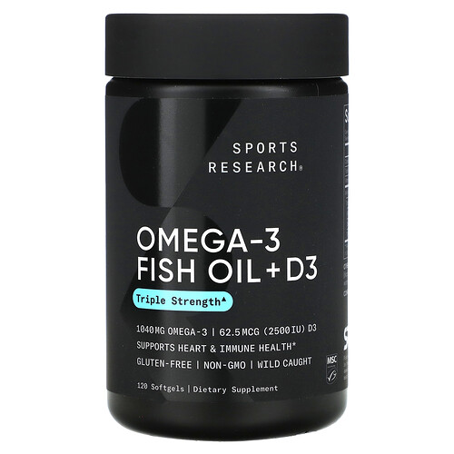 Sports Research Omega-3 Fish Oil + D3, Triple Strength , 1,040 mg & 62.5 mcg (2,500 IU), 120 Softgels