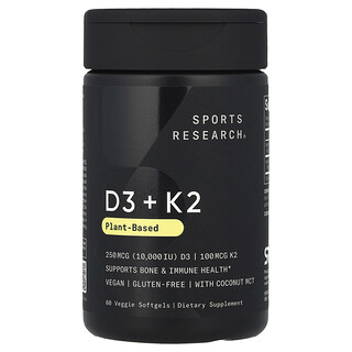 Sports Research, D3 + K2, pe bază de plante, 250 mcg/100 mcg, 60 de capsule moi vegetale