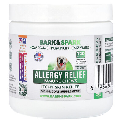 Bark&Spark  Allergy Relief Immune Chews  Itchy Skin Relief  For Dogs  Peanut Butter  120 Soft Chews  9.3 oz (264 g)