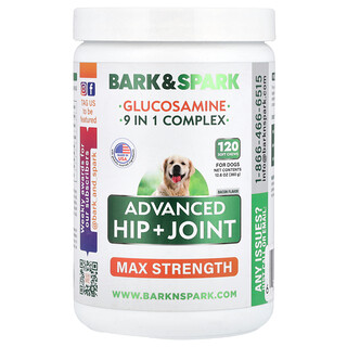 Bark&Spark, Glucosamine, Advanced Hip + Joint, Max Strength, Voor Honden, Spek, 120 Zachte Kauwtabletten