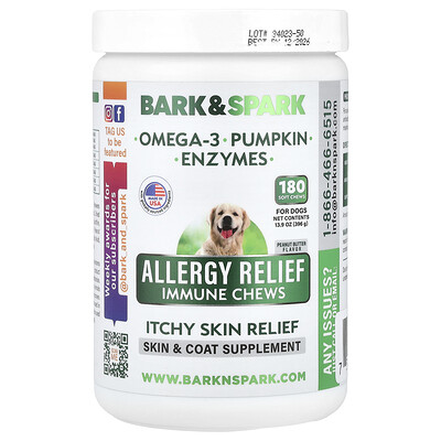 Bark&Spark Allergy Relief Immune Chews Itchy Skin Relief For Dogs Peanut Butter 180 Soft Chews 13.9 oz (396 g)