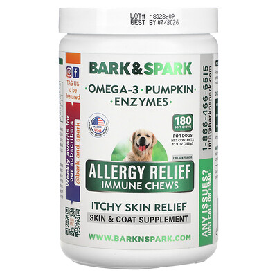 Bark&Spark  Allergy Relief Immune Chews  Itchy Skin Relief  For Dogs  Chicken  180 Soft Chews  13.9 oz (369 g)