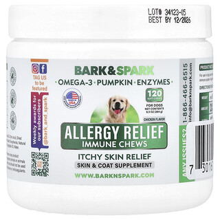 Bark&Spark, 敏感缓解机体抵抗咀嚼片，皮肤瘙痒缓解，狗狗专用，鸡肉，120 片软咀嚼片，9.3 盎司（264 克）