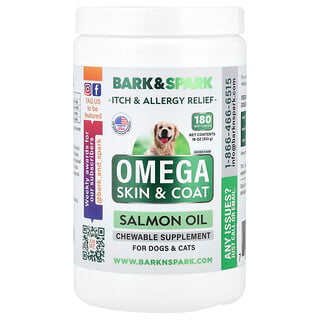 Bark&Spark, Omega para la piel y el pelaje, Aceite de salmón, Para perros y gatos, Pollo, 180 comprimidos masticables blandos, 513 g (18 oz)