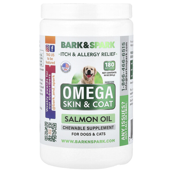 Bark&Spark Omega Skin & Coat, Salmon Oil, For Dogs & Cats, Chicken, 180 Soft Chews, 18 oz (513 g)