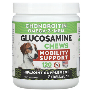 StrellaLab, Masticables con glucosamina, Para perros y gatos, Mantequilla de maní, 120 bocadillos masticables blandos, 288 g (10 oz)