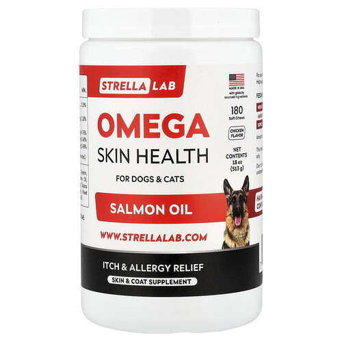 StrellaLab, Omega Skin Health with Salmon Oil, For Dogs & Cats, Chicken, 180 Soft Chews, 18 oz (513 g)