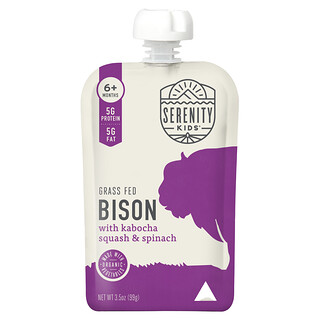 Serenity Kids, Bisonte alimentado con pasturas con calabaza Kabocha y espinaca, 6 meses en adelante, 99 g (3,5 oz)