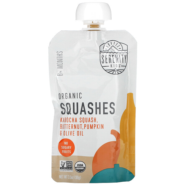 Serenity Kids‏, Organic Squashes with Kabocha Squash, Butternut, Pumpkin & Olive Oil, 6+ Months, 3.5 oz (99 g)