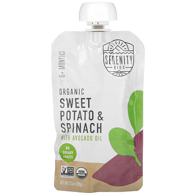 Купить Serenity Kids Детское питание, от 6 месяцев, органический батат и шпинат с маслом авокадо, 99 г (3, 5 унции)