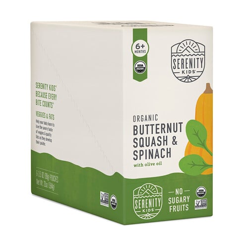 Serenity Kids, Organic Butternut Kürbis und Spinat mit Olivenöl, ab 6 Monaten, 6 Beutel, je 99 g (3,5 oz.).
