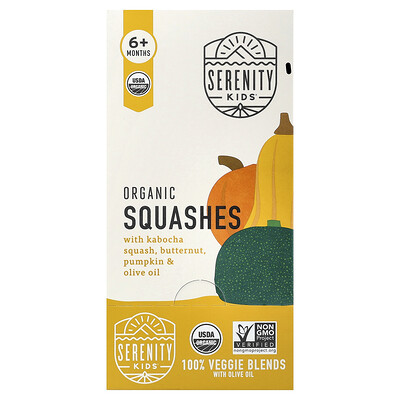 Serenity Kids, Calabazas orgánicas con kabocha, Calabaza moscada, Calabaza moscada y aceite de oliva, 6 meses en adelante, 6 sobres, 99 g (3,5 oz) cada uno