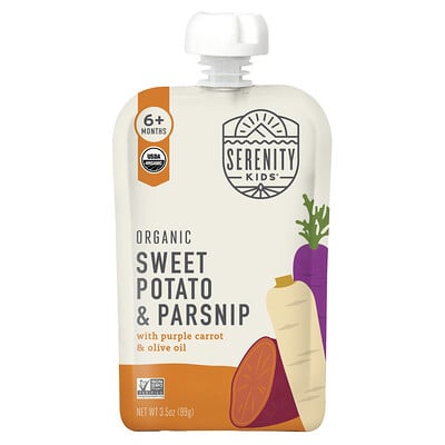 Serenity Kids, Batata y chirivías orgánicas con zanahoria morada y aceite de oliva, Más de 6 meses, 99 g (3,5 oz)