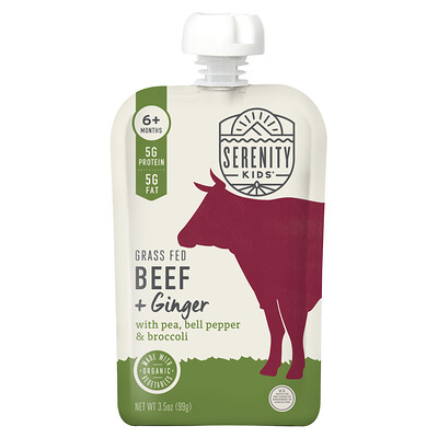 Serenity Kids, Carne de res alimentada con pasturas y jengibre con guisante, pimiento y brócoli, 6 meses en adelante, 99 g (3,5 oz)