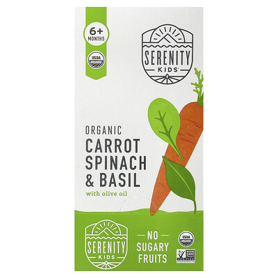 Serenity Kids, Zanahoria, espinaca y albahaca orgánicas con aceite de oliva, 6 meses en adelante, 6 sobres, 99 g (3,5 oz) cada uno