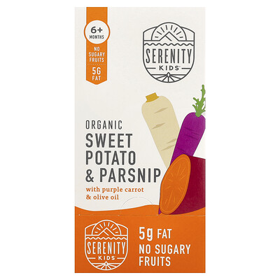 Serenity Kids, Batata y chirivía orgánicas con zanahoria morada y aceite de oliva, 6 meses en adelante, 6 sobres, 99 g (3,5 oz) cada uno