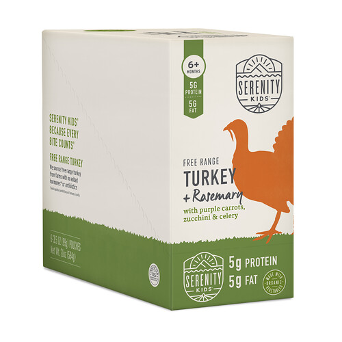 Serenity Kids, Free Range Truthahn + Rosmarin mit lila Karotten, Zucchini und Sellerie, ab 6 Monaten, 6 Beutel, je 99 g (3,5 oz.).