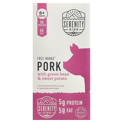 Serenity Kids, Cerdo criado en libertad con frijoles verdes y batata, 6 meses en adelante, 6 sobres, 99 g (3,5 oz) cada uno