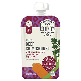 Serenity Kids, Chimichurri de res de animales alimentados con pasturas y zanahoria, patata, frijoles verdes y perejil, 7 meses en adelante, 99 g (3,5 oz)