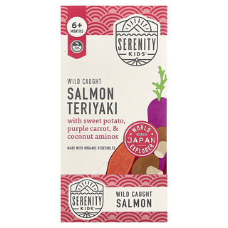 Serenity Kids, Teriyaki de salmón capturado en estado salvaje con aminoácidos de batata, zanahoria morada y coco, 6 meses en adelante, 6 sobres, 99 g (3,5 oz) cada uno
