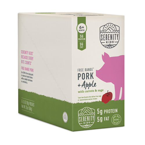 Serenity Kids, Free Range Pork & Apple with Carrots & Sage, Schwein und Apfel aus Freilandhaltung mit Karotten und Salbei, ab 6 Monaten, 6 Beutel, je 99 g (3,5 oz.).