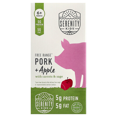 Serenity Kids, Cerdo criado en libertad con manzana, zanahorias y salvia, 6 meses en adelante, 6 sobres, 99 g (3,5 oz) cada uno