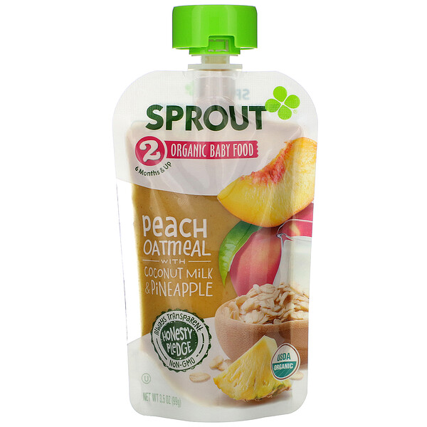Sprout Organic‏, Baby Food, 6 Months & Up, Peach Oatmeal with Coconut Milk & Pineapple, 3.5 oz (99 g)