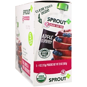 Sprout Organic, Детское питание, этап 2, яблоко, черника, 5 пакетиков, 4 унции (113 г) каждый