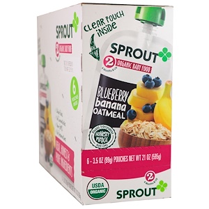 Sprout Organic, Детское питание, этап 2, черника, банан, овсяные хлопья, 6 пакетиков, 3,5 унции (99 г) каждый