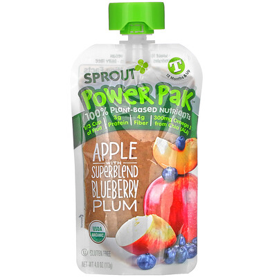 Sprout Organic Power Pak, 12 Months & Up, Apple with Superblend Blueberry Plum, 4.0 oz (113 g)