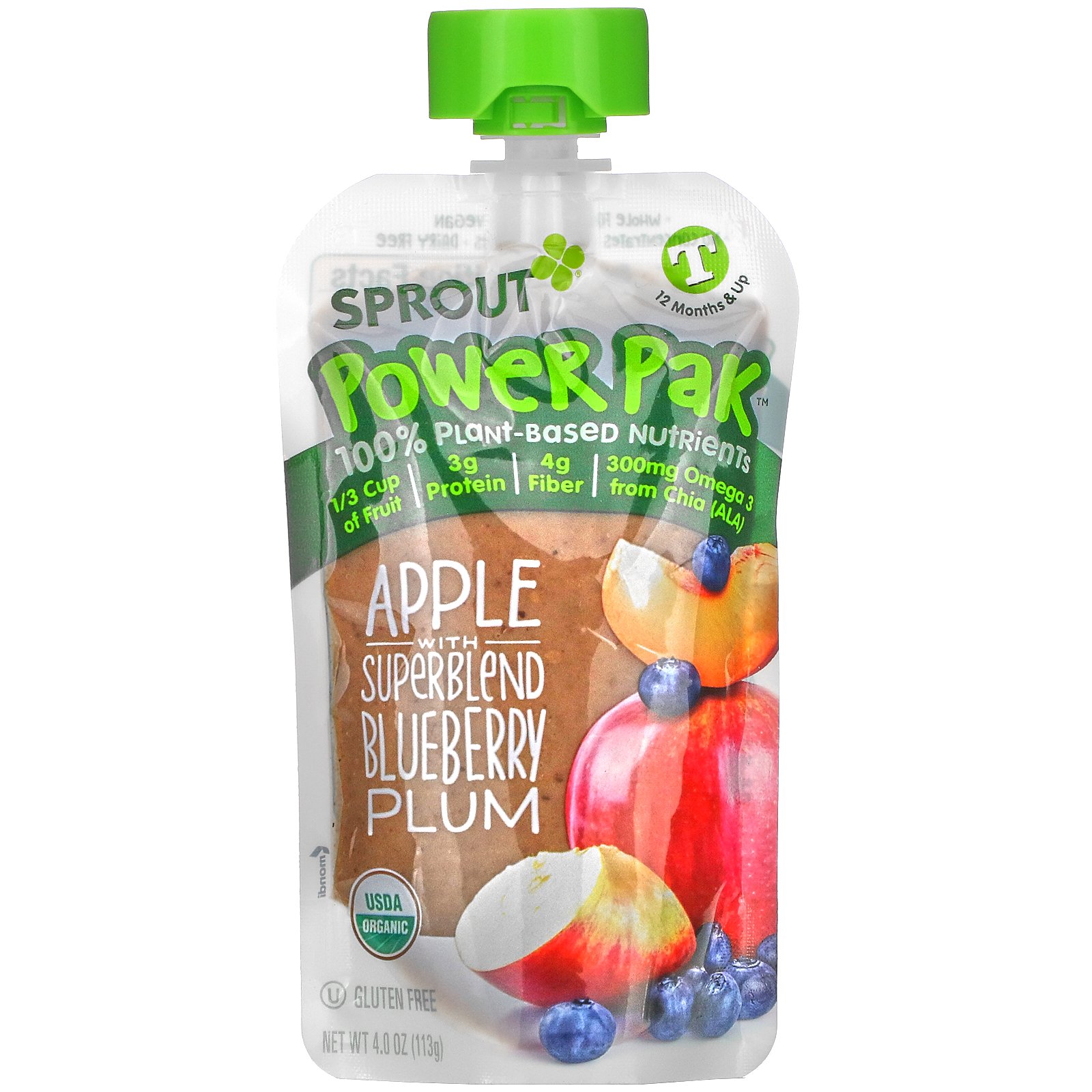Sprout Organic, Power Pak（パワーパック）、生後12か月以上、リンゴ、ブルーベリーとプラムのスーパーブレンド入り、113g（4.0オンス）